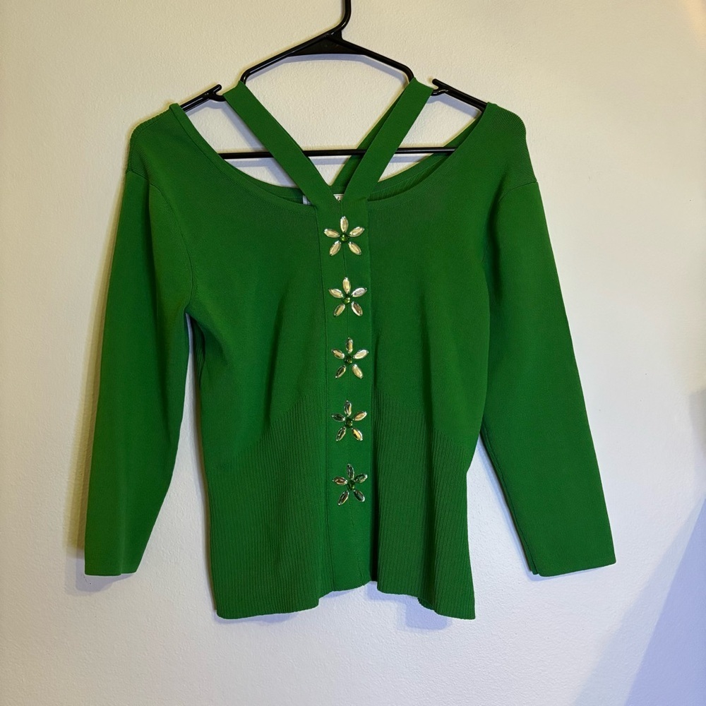 Vintage Bob Mackie Studio Green Rhinestone Floral Knit Top Women’s Small